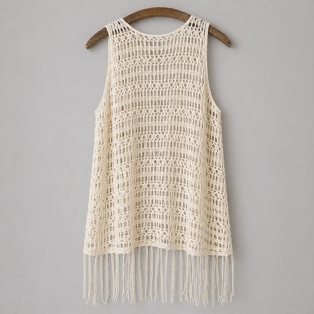 Sleeveless Cardigan Vest Size M Open Knit Crochet Fringe Cream Cottagecore Boho - Picture 2 of 6